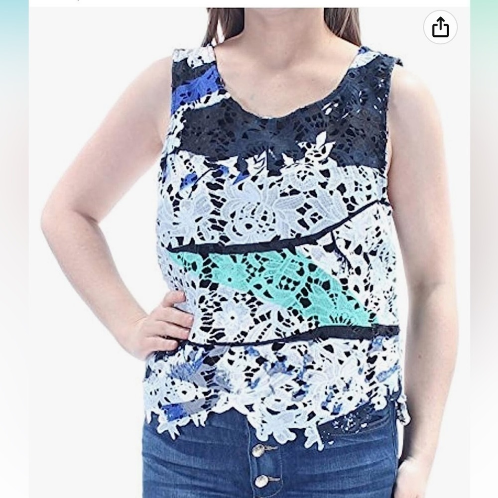 Bar III Printed Sleeveless Laced Top. Cobalt Glace Combo. Size XL. P63/A2289